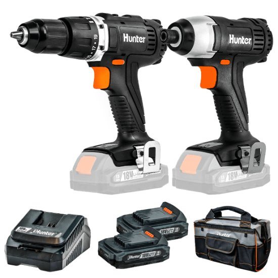 סט אימפקט + מברגה רוטטת / קודחת + 2 סוללות 18V 1.5Ah ותיק בד Hunter 100313-002-B