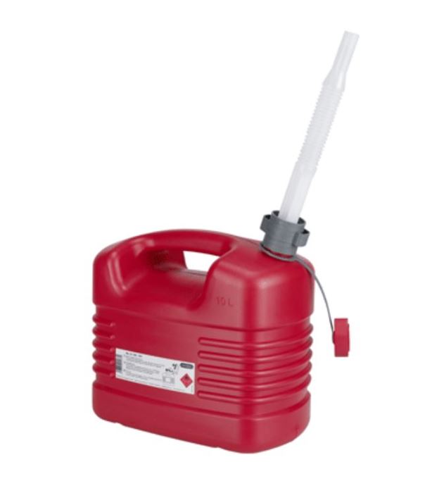 מיכל דלק ג'ריקן 10 ליטר פלסטיק +משפך גמיש ת. PRESSOL גרמניה אדום