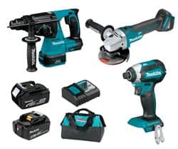 סט MAKITA פטישון, מברגת אימפקט, משחזת זווית, + 2 סוללות 5A מטען ותיק.