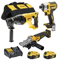 סט DeWALT דיוולט 18V הכולל מברגת אימפקט, פטישון ומשחזת זווית – כולל 2 סוללות 18V 5Ah ומטען מהיר